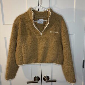 Champion Women's Sherpa Fleece 1/4 Zip Pullover Cropped Logo Tan Size Small